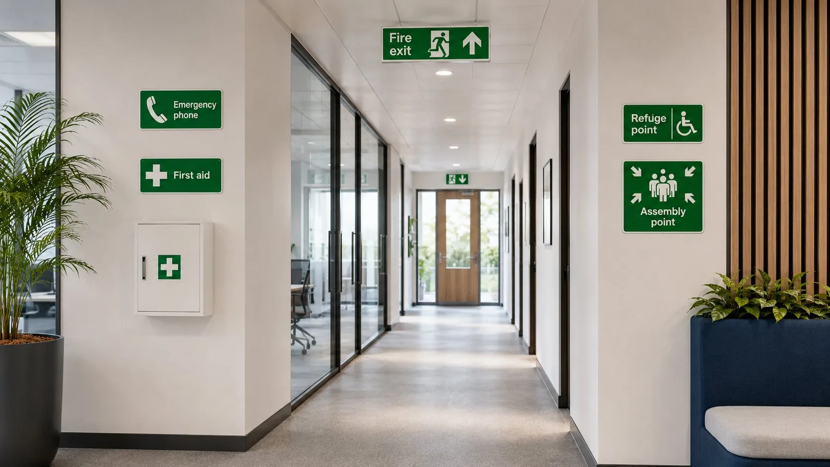 Emergency safe condition signs in a corridor