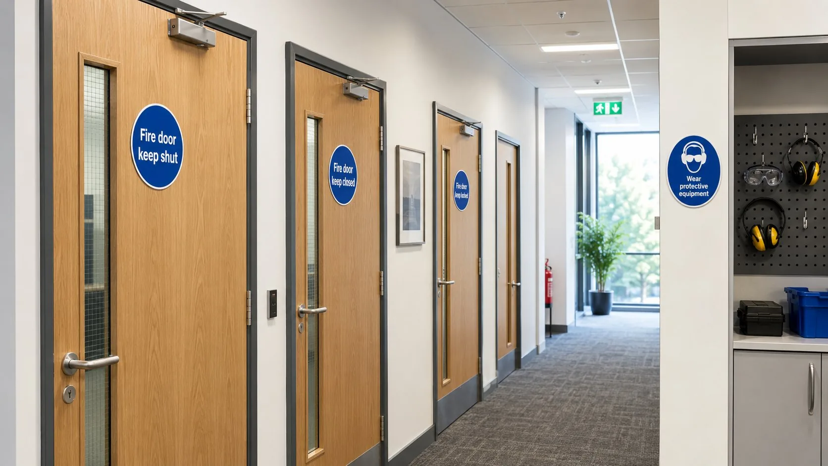 Mandatory signs in a corridor