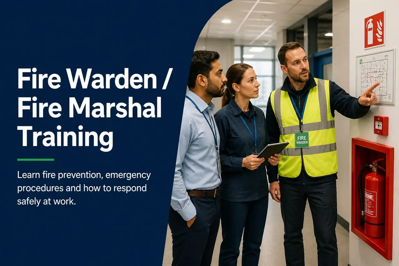 Fire warden in a high-visibility vest leading a workplace evacuation